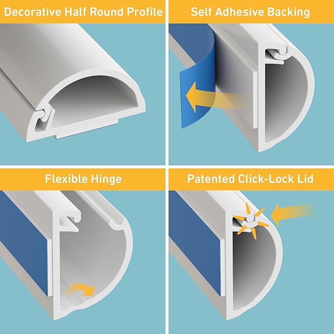 D-Line Half Round Cord Hider, Patented Cable Cover, Hide TV Wall Mount Wires, Raceway for Cords, Decorative Wire Covers, Paintable, Adhesive Cable Concealer, 8X 0.78in W x 0.39in H x 39in L,White
