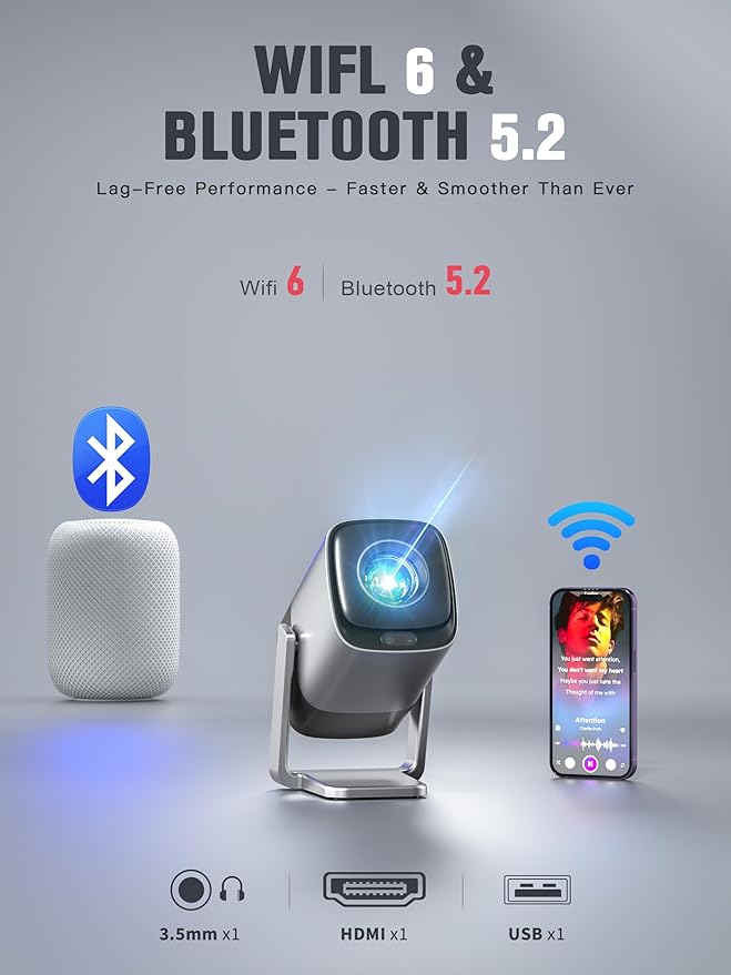 [Compatible with Netflix & TOF Real-time Focus] Mini Projector with WiFi and Bluetooth, XuanPad Smart Projector 4K Support, Dolby Audio & Keystone, 210° Rotatable Stand for Home