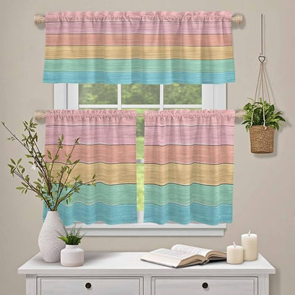 Kitchen Window Curtains Valance and Tier Set, Farm Colorful Wooden Plank Rod - Image 4