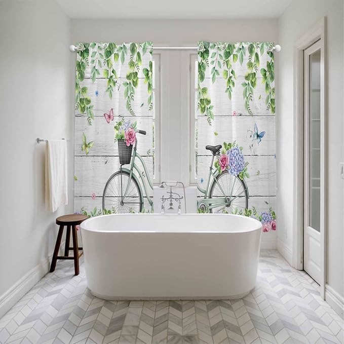 Spring Kitchen Curtains, Bicycles Botanical Rose Leaves Butterfly Wood Grain - Image 5