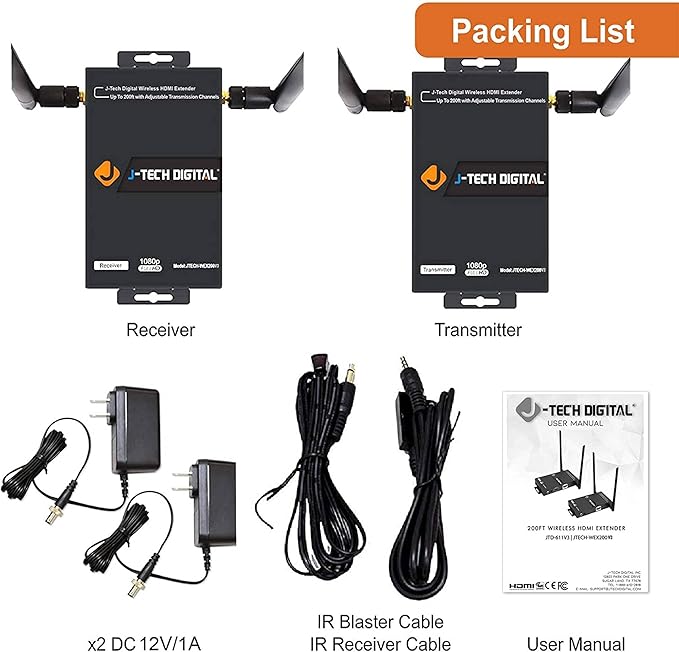J-Tech Digital 1X2 Wireless HDMI Extender 200’ Dual Antenna Supporting Full HD 1080p with HDMI Loop Output Operation Channel Change IR Passthrough (Receiver + Transmitter 1080P 200ft)