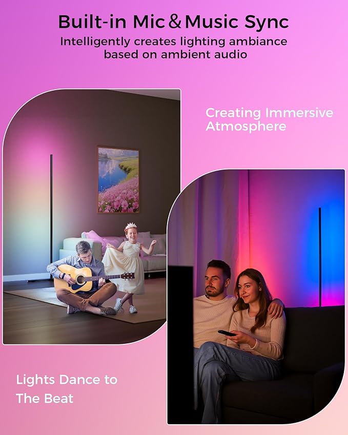 boostool LED Corner Lamp, 65" RGB Corner Floor Lamp with 16 Million DIY Colors, 216 Dynamic Light Effects and Music Sync - App and Remote Control LED Lamp for Bedroom, Living Room, Gaming Room