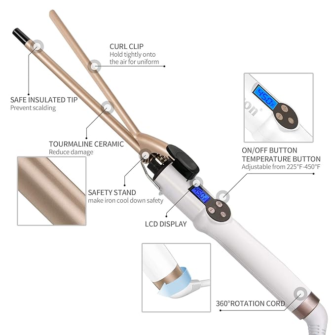 9mm Curling Iron Professional, 3/8 Inch Ceramic Tourmaline Curl Wand Barrel, Hair Curler Iron for Long & Short Hair,Glove Include, Gold