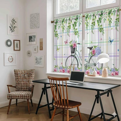 Spring Kitchen Curtains, Bicycles Botanical Leaves Rose Colorful Stripes Light - Image 6