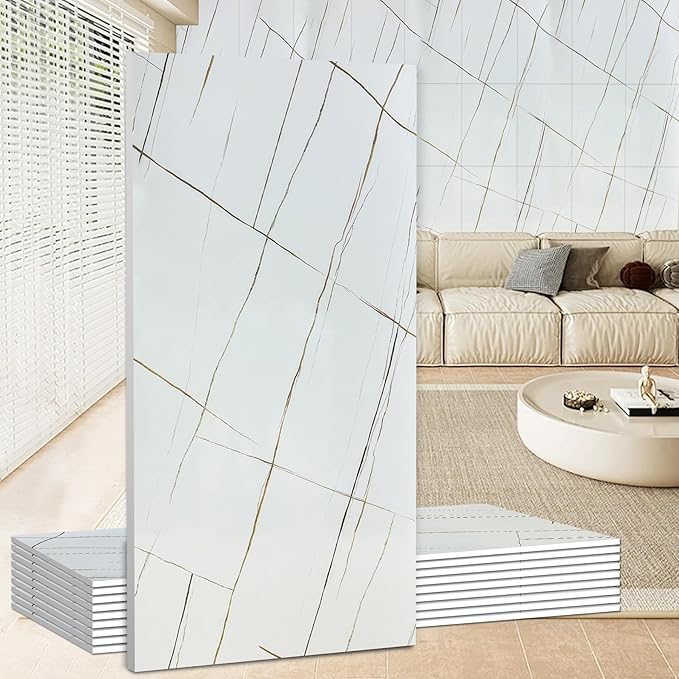 Wall Panels Peel and Stick，PVC Imitation Artificial Marble Tiles Sticker，10 pcs 23.6" L x 11.8" W，Heat-Resistant Backsplash Tile，Ideal for Kitchen Bathrooms Living Rooms Bedrooms.