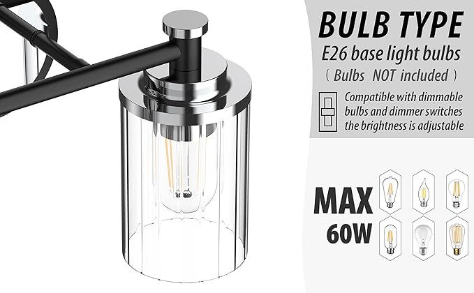 PHIXART Bathroom Lighting Fixtures Black and Chrome Bathroom Vanity Light with Cylindrical Clear Stripes Glass Lampshade E26 Socket Base Bathroom Lighting Fixtures Over Mirror (3 Lights)