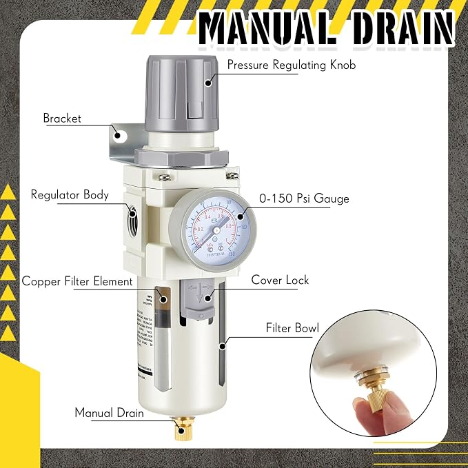 Tuanse Manual Drain 1/2" NPT Compressed Air Filter Regulator, Piggyback Combo - Image 3