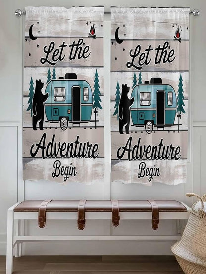 Farmhouse Bear Camper Van Tree Window Valance Curtains, Vintage Wood Grain - Image 2