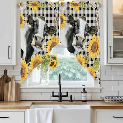 Retro Sunflowers Swag Valances for Windows, Farmhouse Floral Cow Butterfly - Image 2