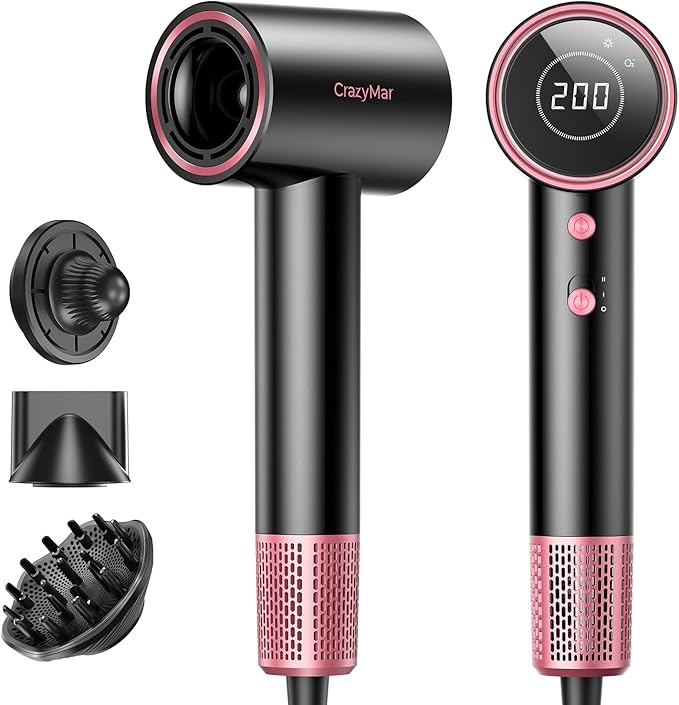 Ionic Hair Dryer with Diffuser and Concentrator- 180000 RPM High Speed Blow Dryer, 3 Min Fast Drying, Heat-Control, Low Noise, Lightweight, Salon Professional Blow Dryer for Women, Men (Blush Pink)