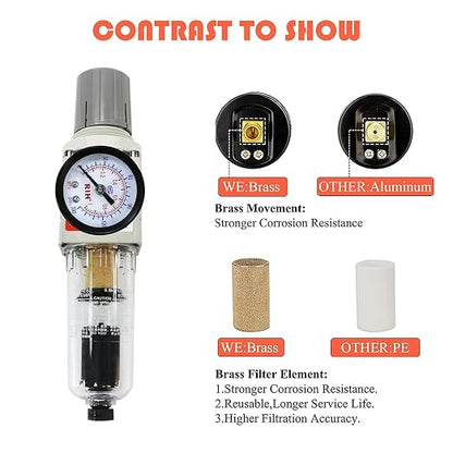 RIH 1/4" NPT Auto Drain Compressed Air Filter Regulator Combo Piggyback - Image 3