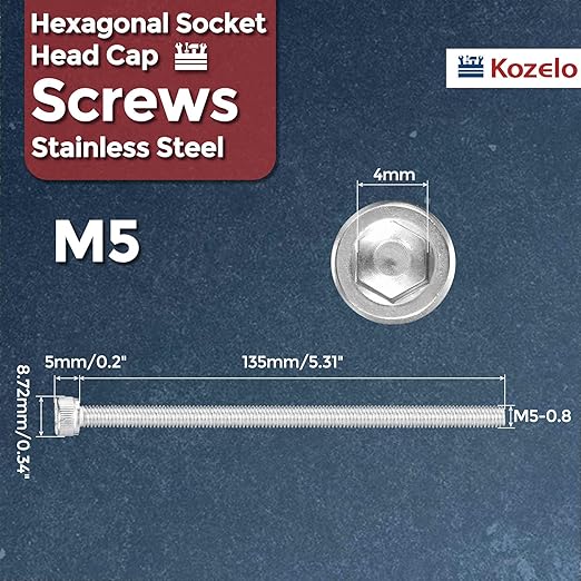 Kozelo 4pcs Socket Head Cap Screws - [M5-0.8 x 135mm] 304 Stainless Steel Allen Socket Drive for Electrical Motor 3D Printing Fan Engine Replacement Use, Silver