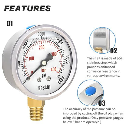 0-6000 Psi Glycerin Liquid Filled Hydraulic High Pressure Gauge, 2.5" Dial Size - Image 4