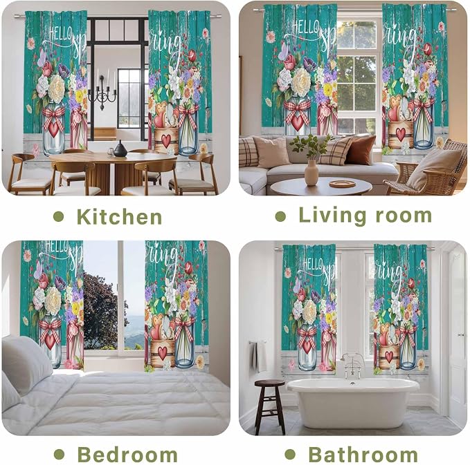 Spring Flowers Kitchen Curtains, Farmhouse Watercolor Teal Wood Grain Light - Image 8