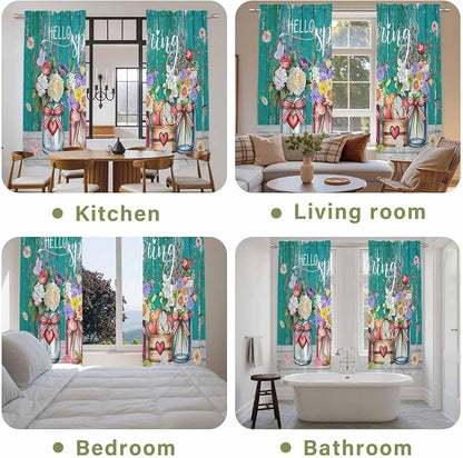 Spring Flowers Kitchen Curtains, Farmhouse Watercolor Teal Wood Grain Light - Image 8