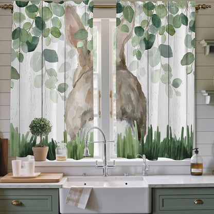 Easter Kitchen Curtains, Country Rabbit Botanical Leaves Wooden Grain Light - Image 2