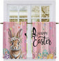 Easter Tier Curtains, Spring Rabbit Eggs Flowers Flags Leaves Wood Grain Light by Unknown
