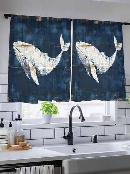 Sheer Curtains 54 Inch Length, Ocean Whale Blue Semi Sheer Curtains Light - Image 5
