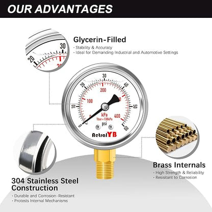 0-60 Psi Glycerin-Filled Pressure Gauge, 2-Inch Gauge, Stainless Steel - Image 5