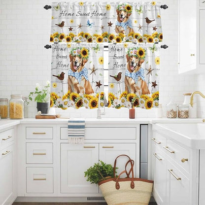 Kitchen Curtains Tiers and Valance Set of 3, Sunflowers Dog Light Filtering - Image 3