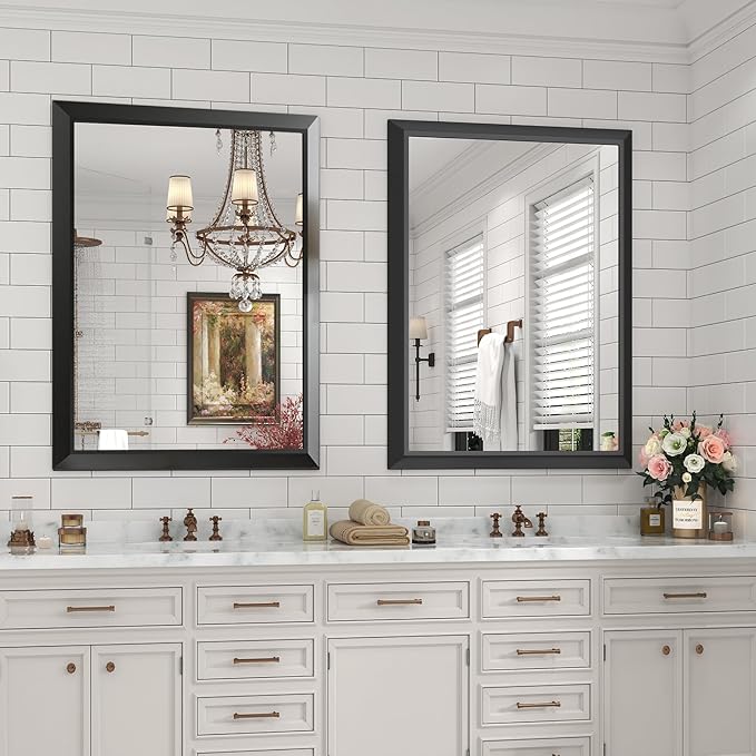 SMIROR Matte Black Bathroom Mirror for Over Sink 26x 36 inch, Metal Thick Frame Rectangle Vanity Mirror for Wall, Anti-Rust, Horizontally or Vertically Mounted