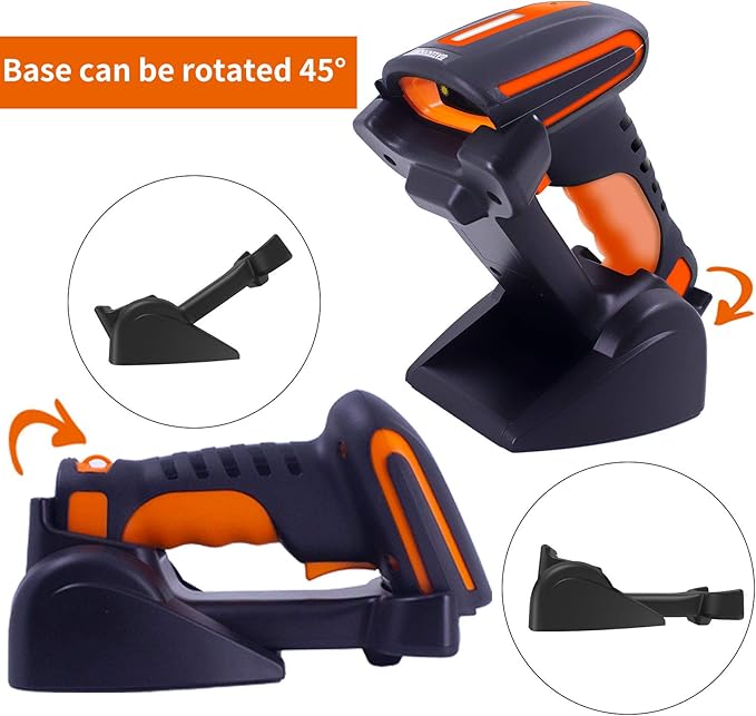 Symcode Bluetooth 2D QR Barcode Scanner with Charging Stand,Industrial Dustproof and Waterproof 3 in 1 Compatible with Bluetooth & 2.4GHz Wireless & Wired Connection with Vibration Alert Orange
