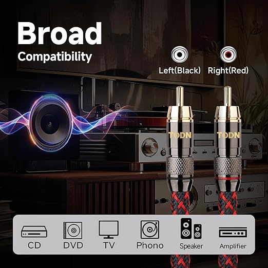 TODN HiFi 4-Core-OFC RCA Cables for Audiophile 2 RCA Male to Male Car Stereo Audio Cable with Shielding for Amps/Phono/Subwoofers (4.9ft/1.5m, 1 Pair)