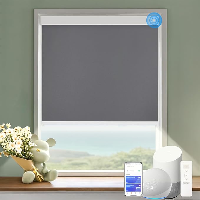 COOLWINDS Motorized Blinds with Remote Cordless Automatic Motorized Shades Custom Blinds for Windows Smart Curtains Compatible with Alexa Google Home(Blackout Thunder Grey,W48 x H72in)