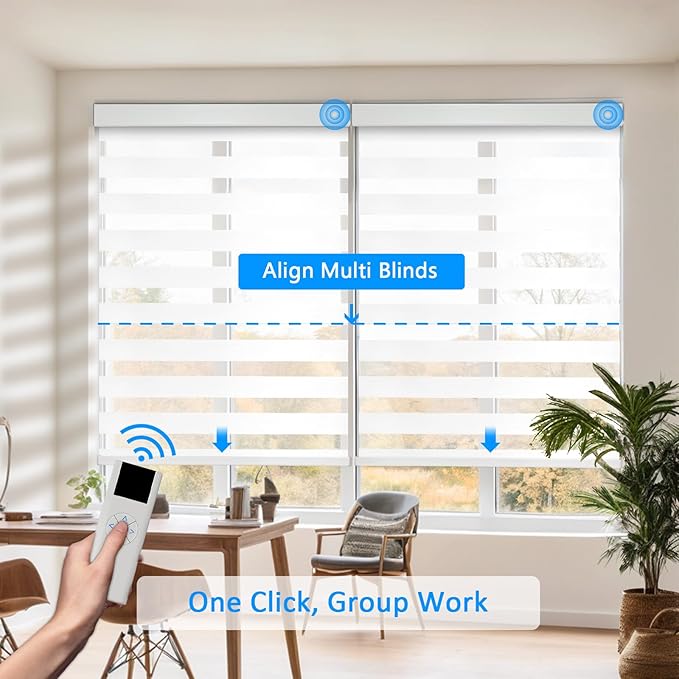 COOLWINDS Motorized Zebra Blinds for Windows Cordless Electric Curtains with Remote Control Blackout Shades Custom Smart Blinds Compatible with Alexa Google Home(Light Filtering White,W32 X 72in)