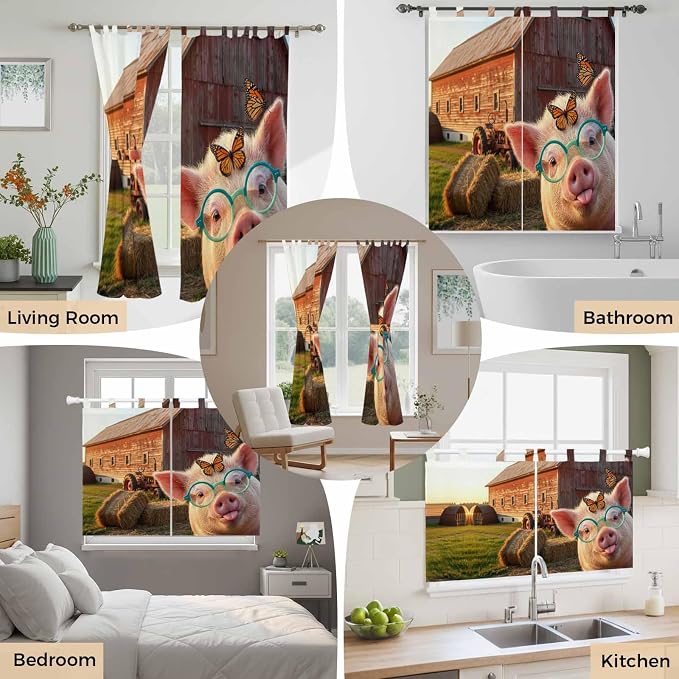 Farm Pig Kitchen Curtains 45 Inch Length, Short Cafe Window Curtains Tab Top - Image 7