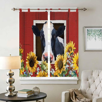 Cow Sunflowers Bathroom Curtains 63 Inch Length, Window Curtains Tab Top - Image 2