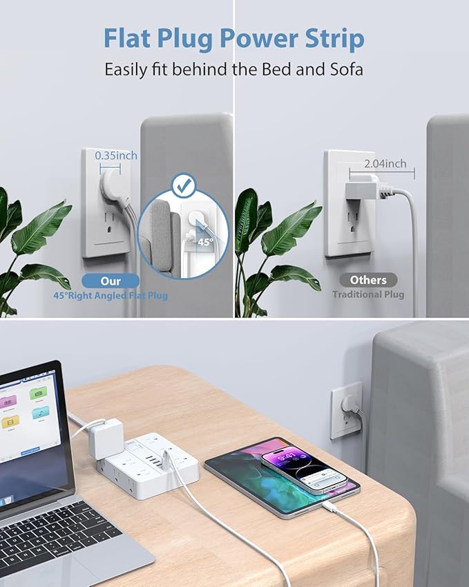 Power Strip Flat Plug with 12 Outlets 6 USB(2 USB C),SMNICE Surge Protector Charging Station with Overload Protection,5ft Extension Cord Widely Spaced Multiple Outlets for Home Office Dorm Essentials