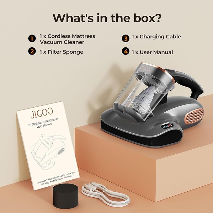 JIGOO Mattress Vacuum Cleaner with UV-C Light, Bed Vacuum Cleaner with Dust Sensor, Ultrasonic and High Heating, Deep Cleaning Bed Vacuum for Sofa Bed Fabric Surface (Gray)