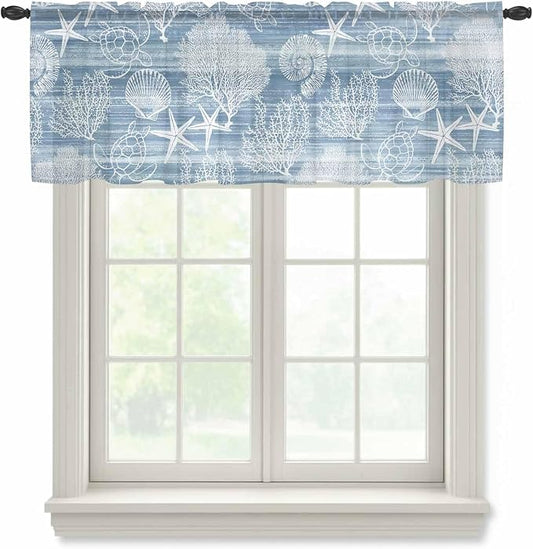 Haze Blue Retro Summer Sheer Valance Curtains, Sea Turtle Starfish Coral Ocean by Houseown