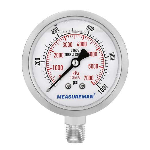MEASUREMAN Pressure Gauge, 0-1000 PSI/kPa, Glycerin Filled, 1/4 NPT Lower Mount by MEASUREMAN