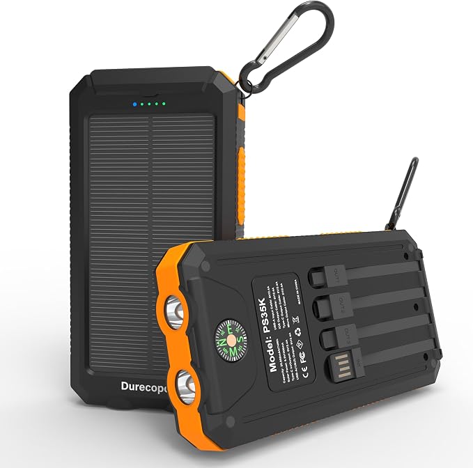 Solar Charger Power Bank 20, Portable Charger, 4 Cables 3 Ports Fast Charging by Durecopow