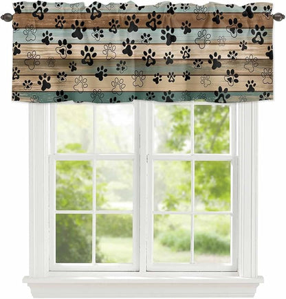 Dog Paws Valances for Windows, Teal Brown Wood Grain Kitchen Valance Light by Unknown