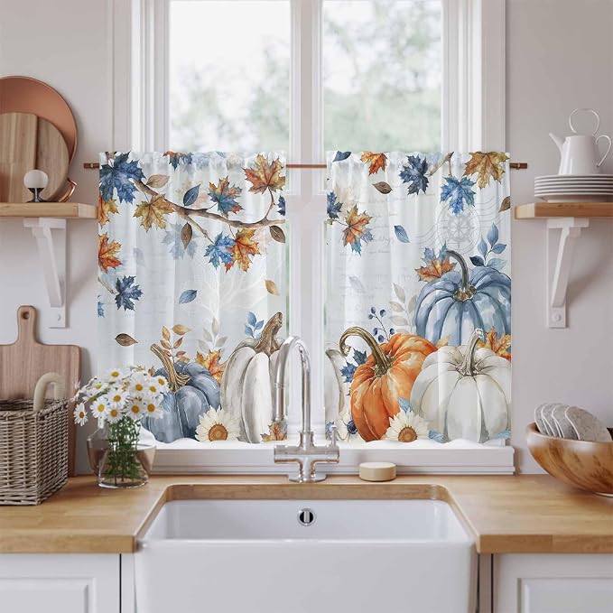 Fall Blue Maple Kitchen Curtains 54 Inch Long 2 Panel Set, Rod Pocket Window by Unknown
