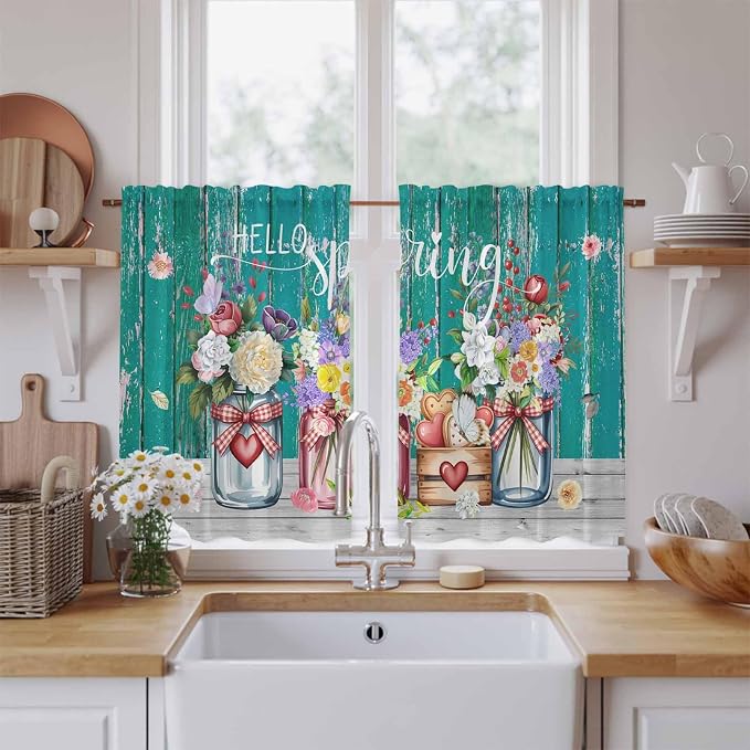Spring Flowers Kitchen Curtains, Farmhouse Watercolor Teal Wood Grain Light by Unknown