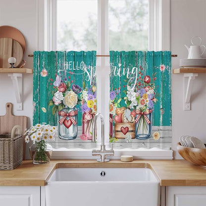 Spring Flowers Kitchen Curtains, Farmhouse Watercolor Teal Wood Grain Light by Unknown