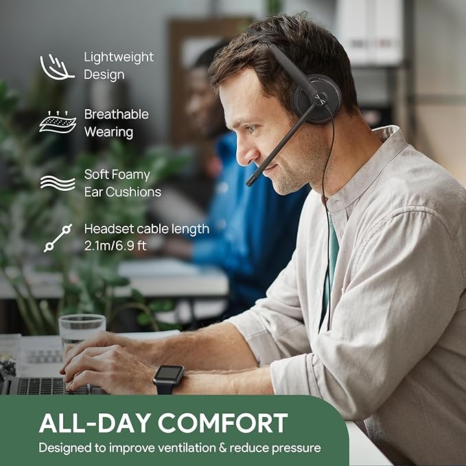 Yealink UH34 USB Headset with Mic, Single Ear Wired Headphones with Noise Cancelling Microphones, Professional Work Headphones VoIP Phone Computer Call Center Office,Ultra Light Mono
