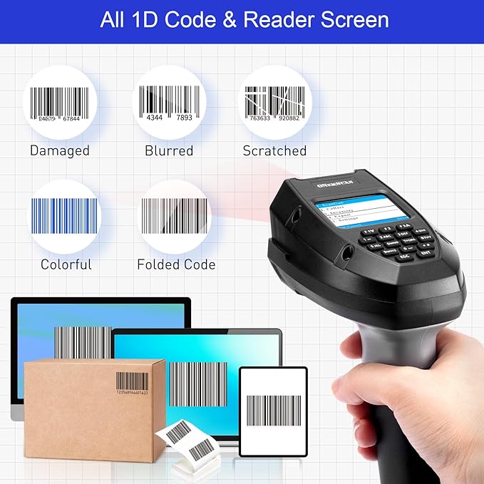 Wireless Barcode Scanner, Portable 1D Inventory Scanner & Data Collector with 2.0 Inch LCD Screen and 2.4G Wireless Dongle Built in Stand for Warehouse, Express, Library,Pharmacy,Supermarket