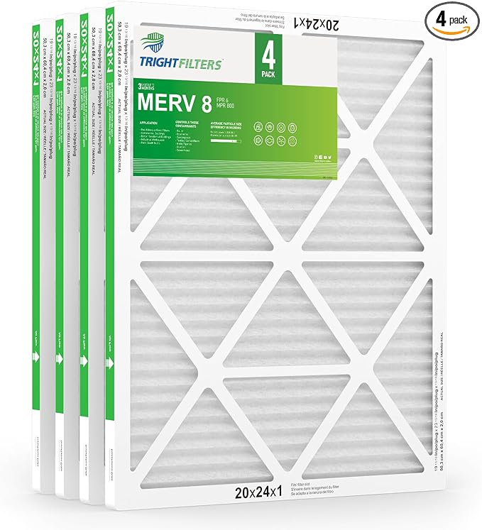 20x24x1 Air Filter 4 Pack, MERV 8 Pleated Dust Defense Air Filters Replacement by TrightFilters
