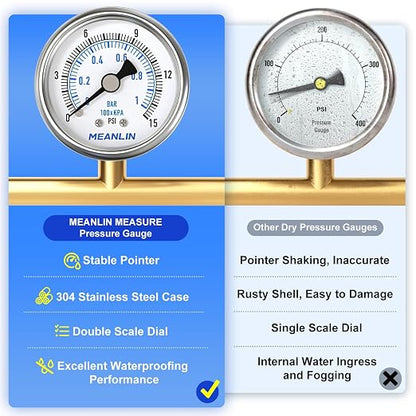 MEANLIN MEASURE 0~15Psi Dry Low Pressure Gauge Stainless Steel 1/4" NPT 2" FACE - Image 5