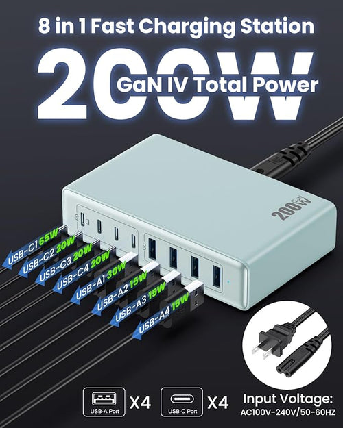 200W USB C Charger Block,8-Ports GaN III Fast Charging Station Hub,PD 65W Laptop Charger Wall Chargers Power Adapter for MacBook Pro/Air,DELL,Steam Desk,iPhone 17/16,Galaxy S25,Pixel-Light Blue