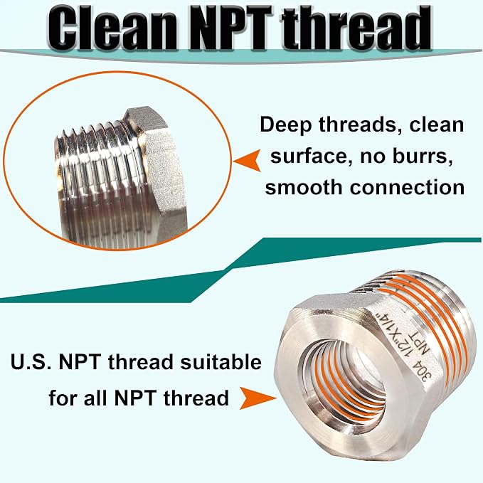 1" NPT Male to 3/4" NPT Female Hex Bushing Reducer, 304 Stainless Steel NPT - Image 3