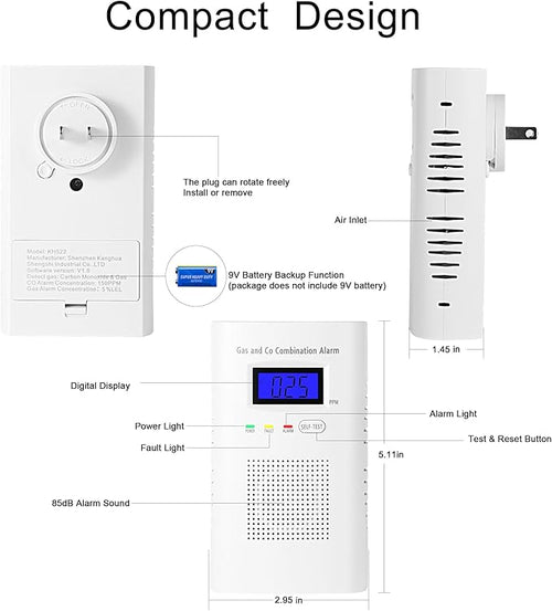 3 Pakcs Combination Gas & Carbon Monoxide Detector, Plug in Carbon Monoxide Alarm & Natural Gas Detector,Propane,Methane,with Backup 9V Battery Feature, Digital Display, for Home, Apartment, RV