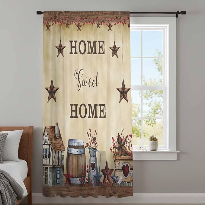Farm Sheer Curtains 72 Inch Length American Country Barn Star Vintage Berry - Image 4