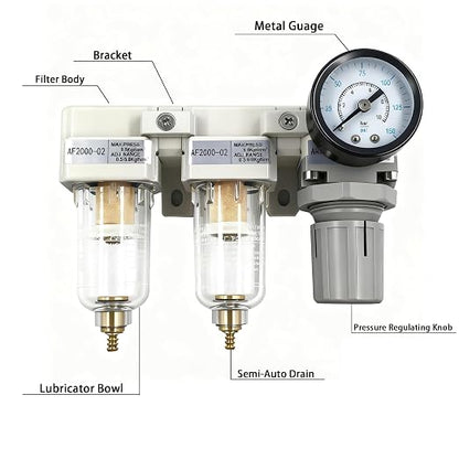 XingNEeng 1/4" NPT Compressed Air Filter Regulator Lubricator Combo, Water/Oil - Image 2