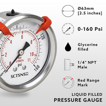 0 to 160 Psi Pressure Gauge, Glycerin Liquid Filled, 2.5 inch Dial, 1/4" NPT - Image 2